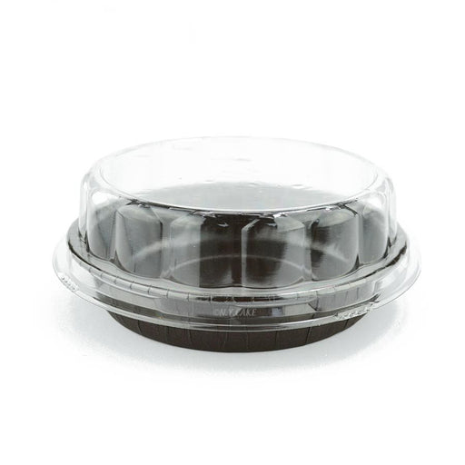 Square paper baking cup with clear plastic dome cover for individual cakes, brownies, pastries and desserts.