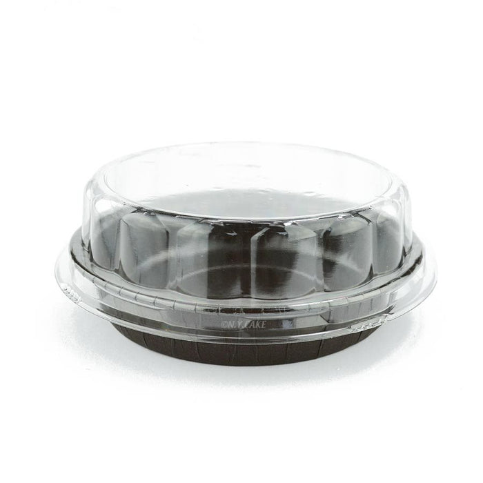 Square paper baking cup with clear plastic dome cover for individual cakes, brownies, pastries and desserts.