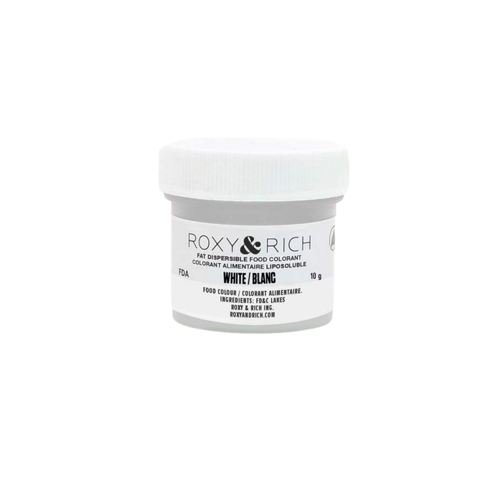Roxy & Rich White Fat Dispersible Food Color Dust 10g jar for coloring chocolate, cocoa butter, buttercream, and fat-based confectionery.