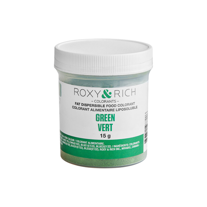 Roxy & Rich Green Fat Dispersible Food Color Dust 15g jar for coloring chocolate, cocoa butter, buttercream, and fat-based confectionery.