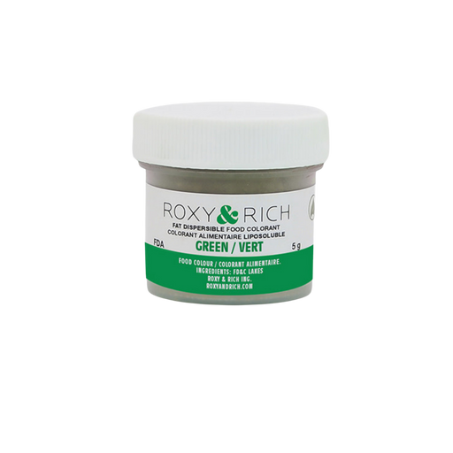 Roxy & Rich Green Fat Dispersible Food Color Dust 5g jar for coloring chocolate, cocoa butter, buttercream, and fat-based confectionery.
