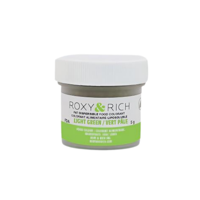 Roxy & Rich Light Green Fat Dispersible Food Color Dust 5g jar for coloring chocolate, cocoa butter, buttercream, and fat-based confectionery.