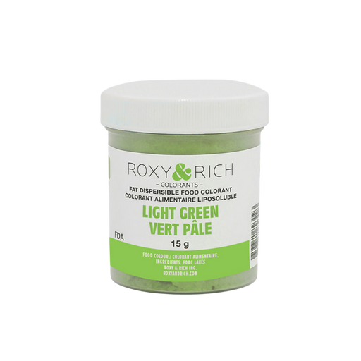 Roxy & Rich Green Fat Dispersible Food Color Dust 15g jar for coloring chocolate, cocoa butter, buttercream, and fat-based confectionery.