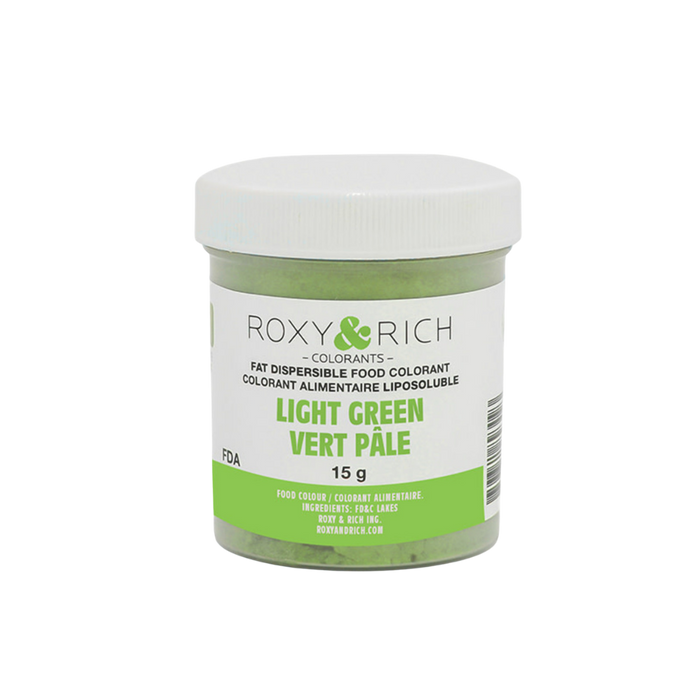 Roxy & Rich Green Fat Dispersible Food Color Dust 15g jar for coloring chocolate, cocoa butter, buttercream, and fat-based confectionery.