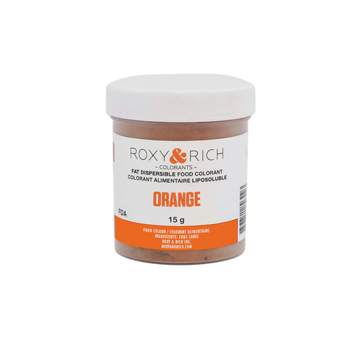 Roxy & Rich Orange Fat Dispersible Food Color Dust 15g jar for coloring chocolate, cocoa butter, buttercream, and fat-based confectionery.