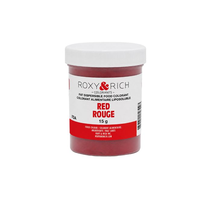 Roxy & Rich Red Fat Dispersible Food Color Dust 15g jar for coloring chocolate, cocoa butter, candy coatings, and fat-based confectionery.