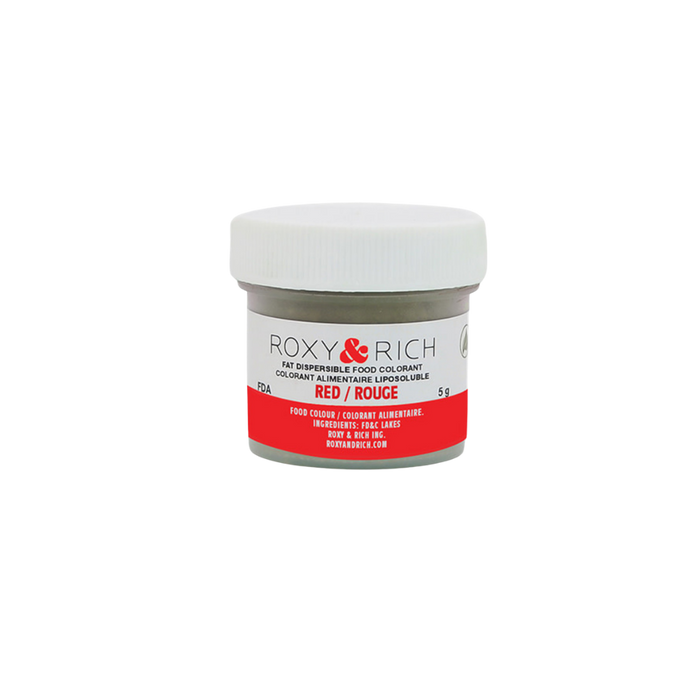 Roxy & Rich Red Fat Dispersible Food Color Dust 5g jar for coloring chocolate, cocoa butter, candy coatings, and fat-based confectionery.