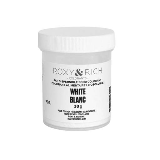 Roxy & Rich White Fat Dispersible Food Color Dust 30g jar for coloring chocolate, cocoa butter, buttercream, and fat-based confectionery.