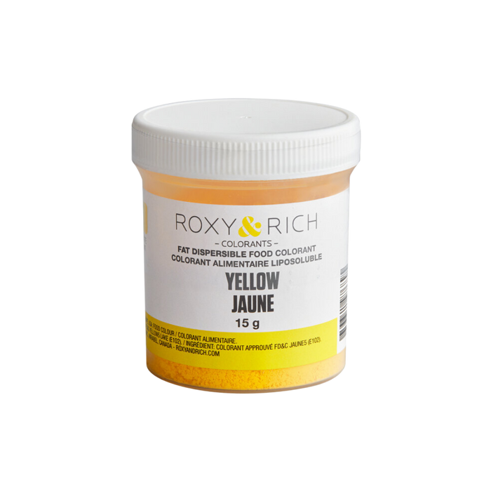 Roxy & Rich Yellow Fat Dispersible Food Color Dust 15g jar for coloring chocolate, cocoa butter, candy coatings, and fat-based confectionery.