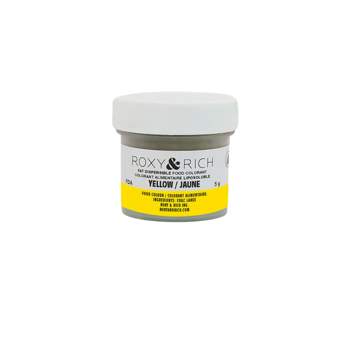 Roxy & Rich Yellow Fat Dispersible Food Color Dust 5g jar for coloring chocolate, cocoa butter, candy coatings, and fat-based confectionery.