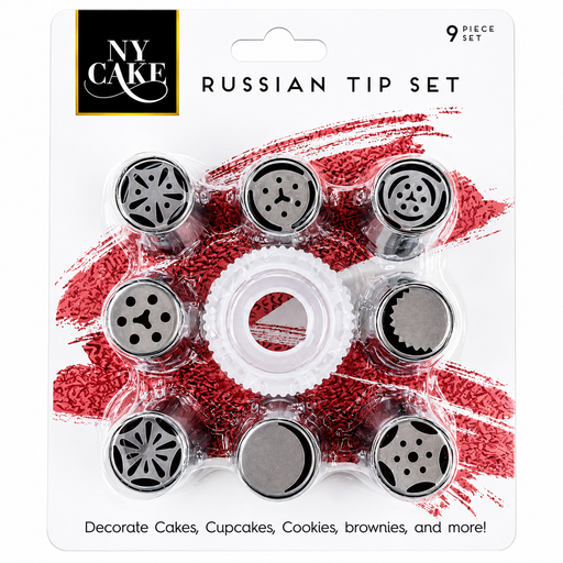 NY Cake Russian Tip Set in a 9-piece plastic clamshell package, featuring eight metal piping tips in silver and white, displayed over a red sprinkled background on the card backing.