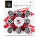 NY Cake Russian Tip Set in a 9-piece plastic clamshell package, featuring eight metal piping tips in silver and white, displayed over a red sprinkled background on the card backing.