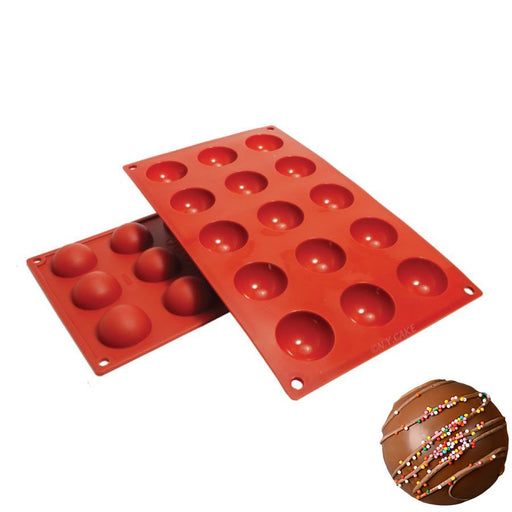 15 cavity hemisphere silicone baking mold for dome desserts, mousse cakes, chocolates, hot chocolate bombs, candies, and frozen treats.