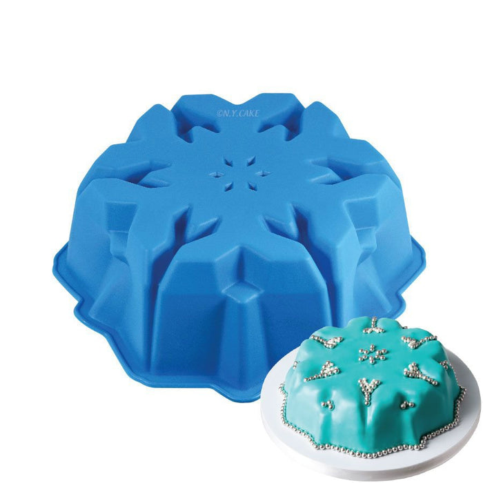 Blue snowflake silicone cake pan mold for winter cakes, holiday desserts, mousse cakes, and festive baking creations