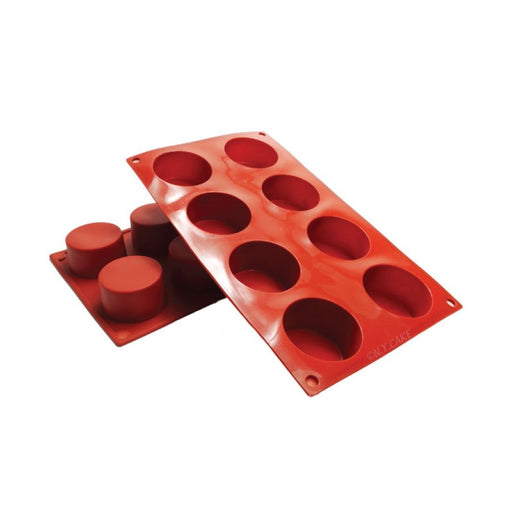 Red cylinder silicone baking mold with 3 ounce cavities for Oreo cakes, mousse desserts, chocolates, frozen treats, and bakery creations.