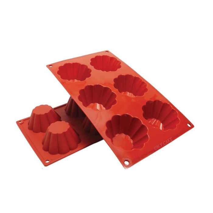 Red silicone brioche baking mold with deep cavities for pastries, cakes, muffins, chocolates, and frozen desserts.