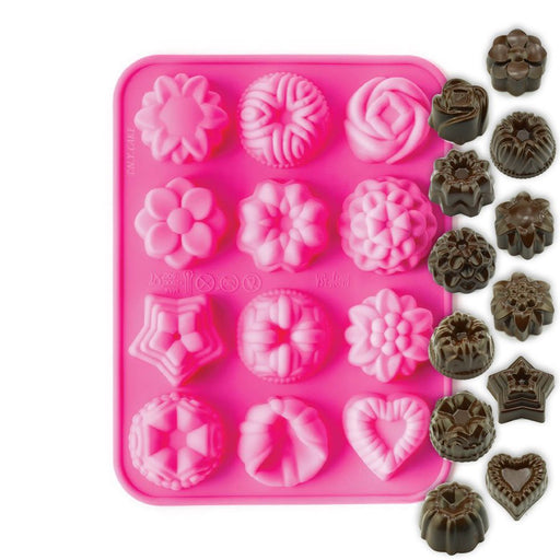 Pink silicone mini assorted bundt baking mold with decorative cavities for mini cakes, mousse desserts, chocolates, candy, and creative baking