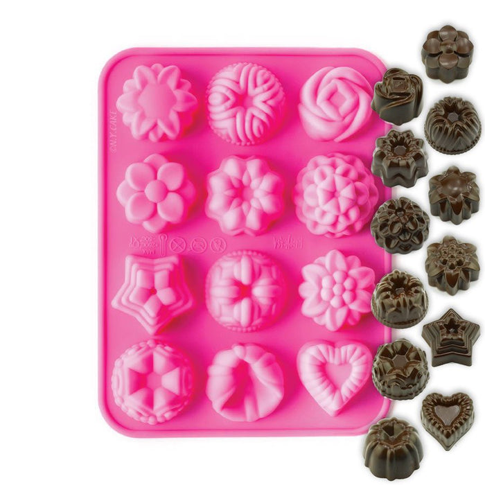Pink silicone mini assorted bundt baking mold with decorative cavities for mini cakes, mousse desserts, chocolates, candy, and creative baking