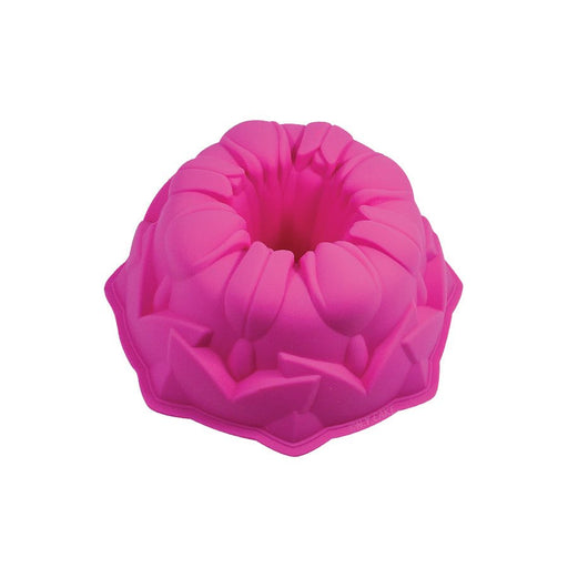 Pink tulip shaped silicone bundt baking mold for decorative cakes and desserts