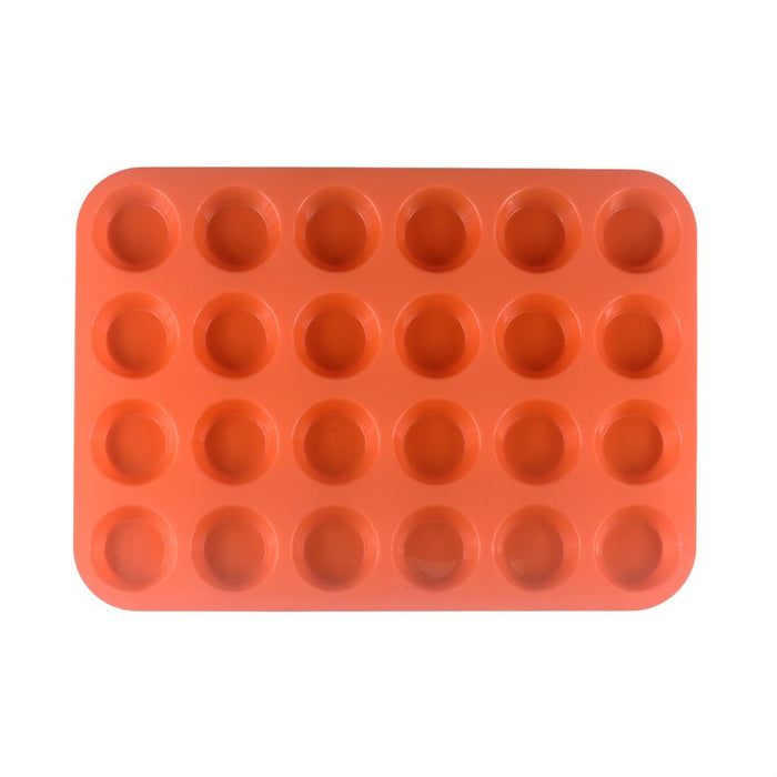 Orange silicone mini muffin cupcake pan with 24 cavities for baking mini cupcakes, muffins, chocolates, candy, and bite-sized desserts