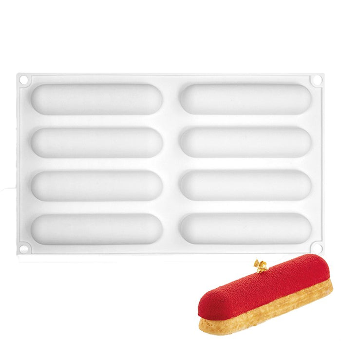 White silicone finger cake mold with 8 cavities for éclairs, mousse bars, mini desserts, pastries, chocolates, and bakery creations