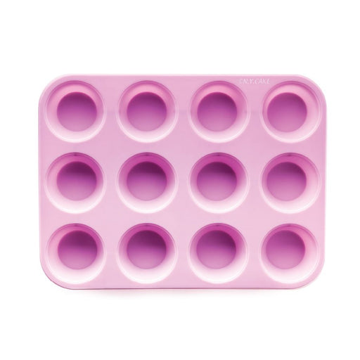 Pink silicone cupcake pan with 12 cavities for baking cupcakes, muffins, mini desserts, chocolates, and mousse treats