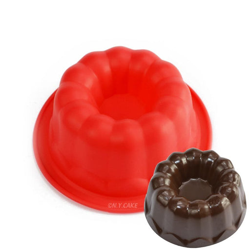 Red fluted mini cake silicone baking mold for bundt cakes, mousse desserts, gelatin treats, and decorative pastries