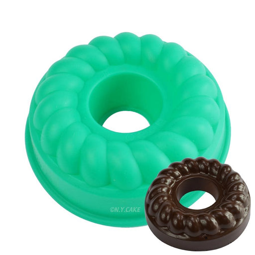 Green fancy ring silicone baking mold for donuts, mini bundt cakes, mousse desserts, gelatin treats, and decorative baking