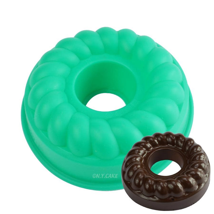 Green fancy ring silicone baking mold for donuts, mini bundt cakes, mousse desserts, gelatin treats, and decorative baking