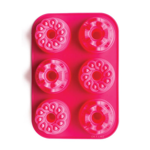 Pink silicone mini bundt cake mold with 6 decorative cavities for baking cakes, mousse desserts, chocolates, and frozen treats by NY Cake®