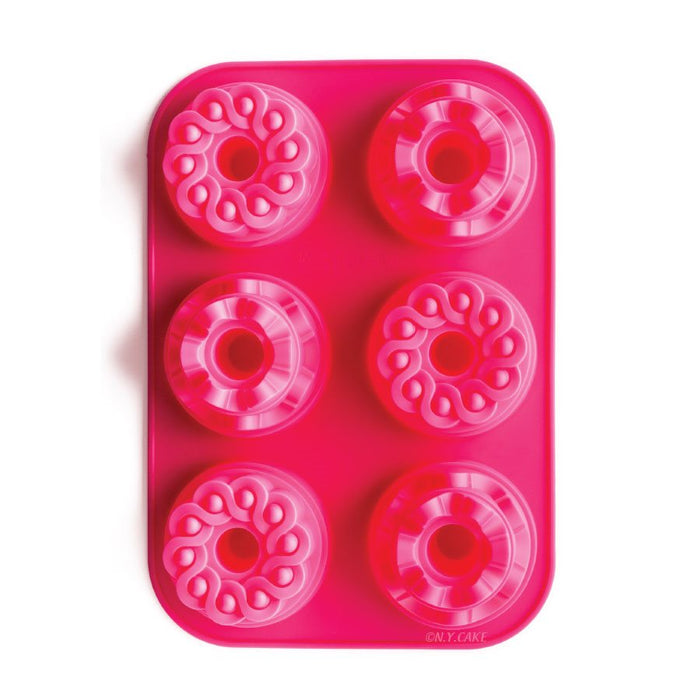 Pink silicone mini bundt cake mold with 6 decorative cavities for baking cakes, mousse desserts, chocolates, and frozen treats by NY Cake®