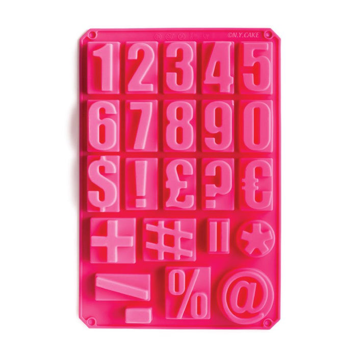 Pink silicone baking mold with numbers, symbols, and social media icon shapes for fondant, chocolate, candy, and cake decorating