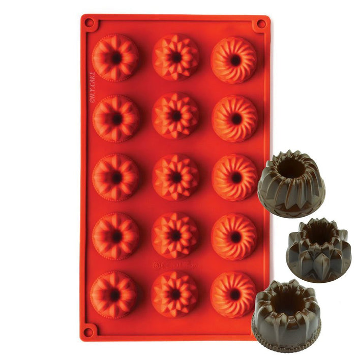 Red silicone baking mold with 15 assorted mini bundt cavities for cakes, mousse desserts, chocolates, candy, and decorative baking