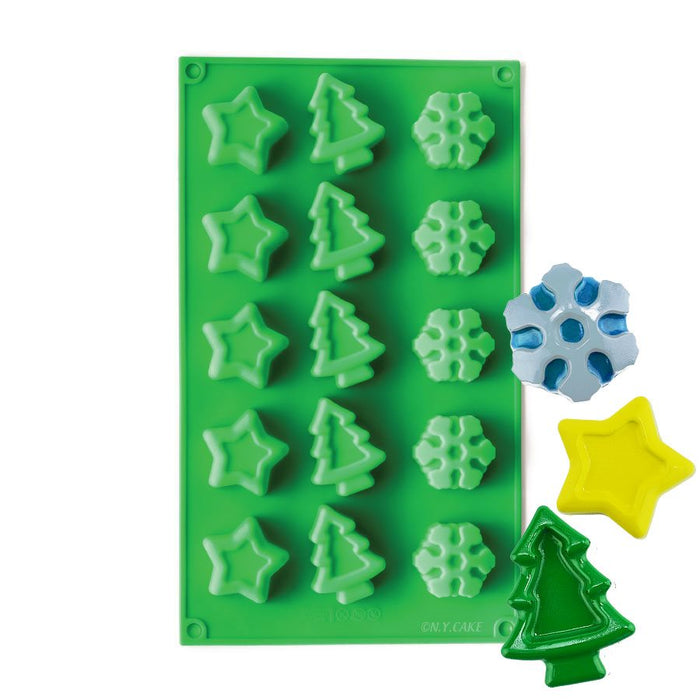 Green Christmas silicone mold with snowflake, tree, and star cavities for holiday chocolates, candy, and festive baking by NY Cake®