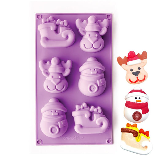 Purple Christmas silicone mold with snowman, sleigh, and reindeer cavities for holiday baking and dessert decorating by NY Cake®