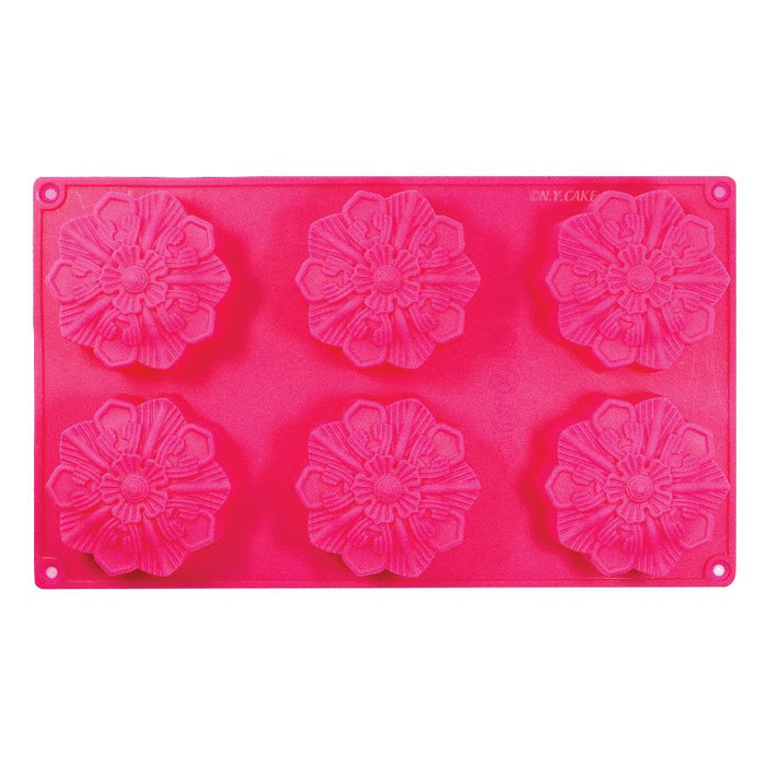 Pink silicone flower baking mold with 6 floral cavities for cakes, mousse desserts, chocolates, candy, and decorative baking creations