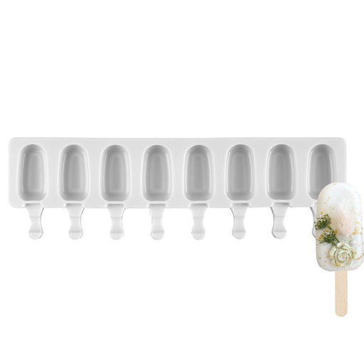 White 8 cavity silicone cakesicle mold for cake pop bars, chocolate desserts, frozen treats, and candy making.