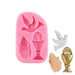 Pink Christian holy items silicone fondant mold with praying hands, dove, and chalice shapes for religious cake decorating and desserts.