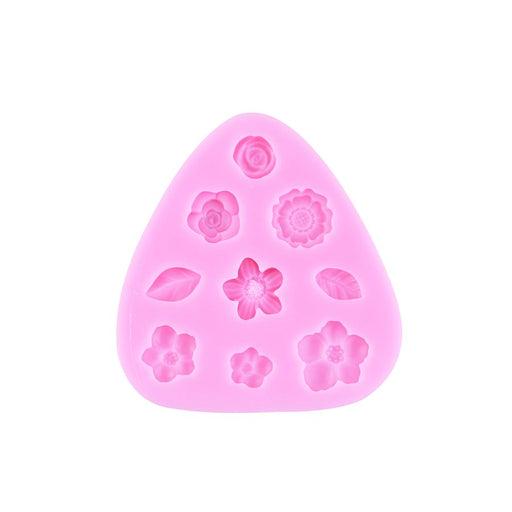 Pink leaves and flower silicone fondant mold with 9 floral cavities for cake decorating, cupcakes, chocolate, and edible decorations.