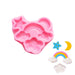 Pink rainbow sky silicone fondant mold with rainbow, cloud, moon, and star shapes for cake decorating and dessert decorating.