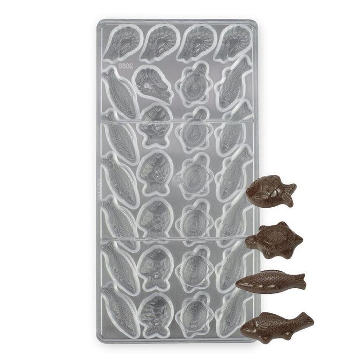 Polycarbonate chocolate mold with 28 assorted sea animal cavities for creating detailed ocean-themed chocolates, candies, and party favors.
