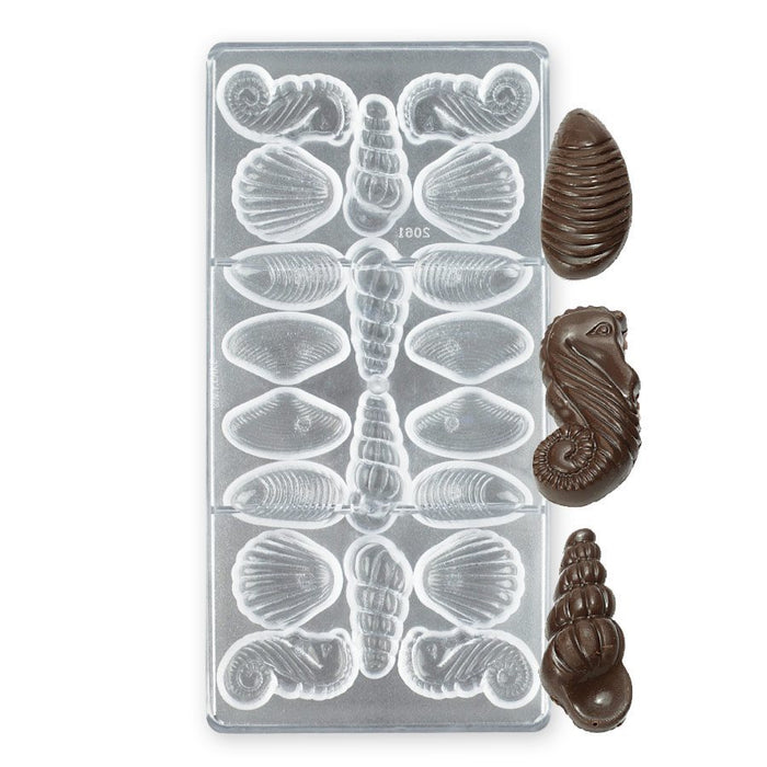Polycarbonate chocolate mold with 20 assorted sea animal cavities for creating detailed ocean-themed chocolates, candies, and party favors.