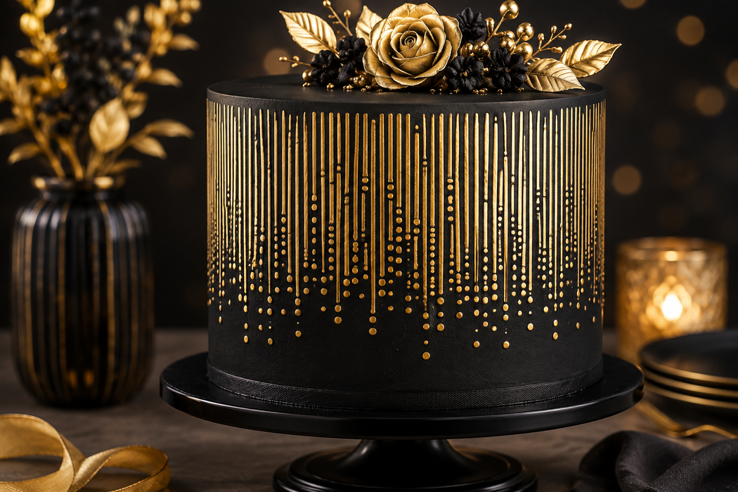 A black frosted cake with vertical gold stripes and gold dot patterns, decorated with a gold rose and gold leaves on top, displayed on a black cake stand against a dark background with warm bokeh lights.