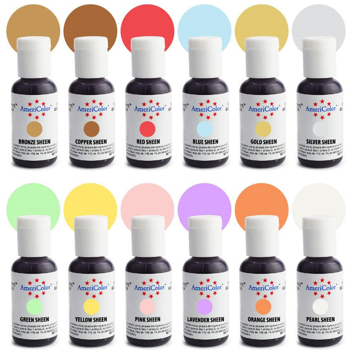 AmeriColor Sheen Airbrush food coloring kit with metallic and vibrant colors for cake decorating, cookies, chocolates, fondant, and bakery airbrushing.