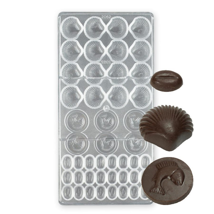 Polycarbonate chocolate mold with 20 assorted shell and fish cavities for creating detailed ocean-themed chocolates and candy decorations.
