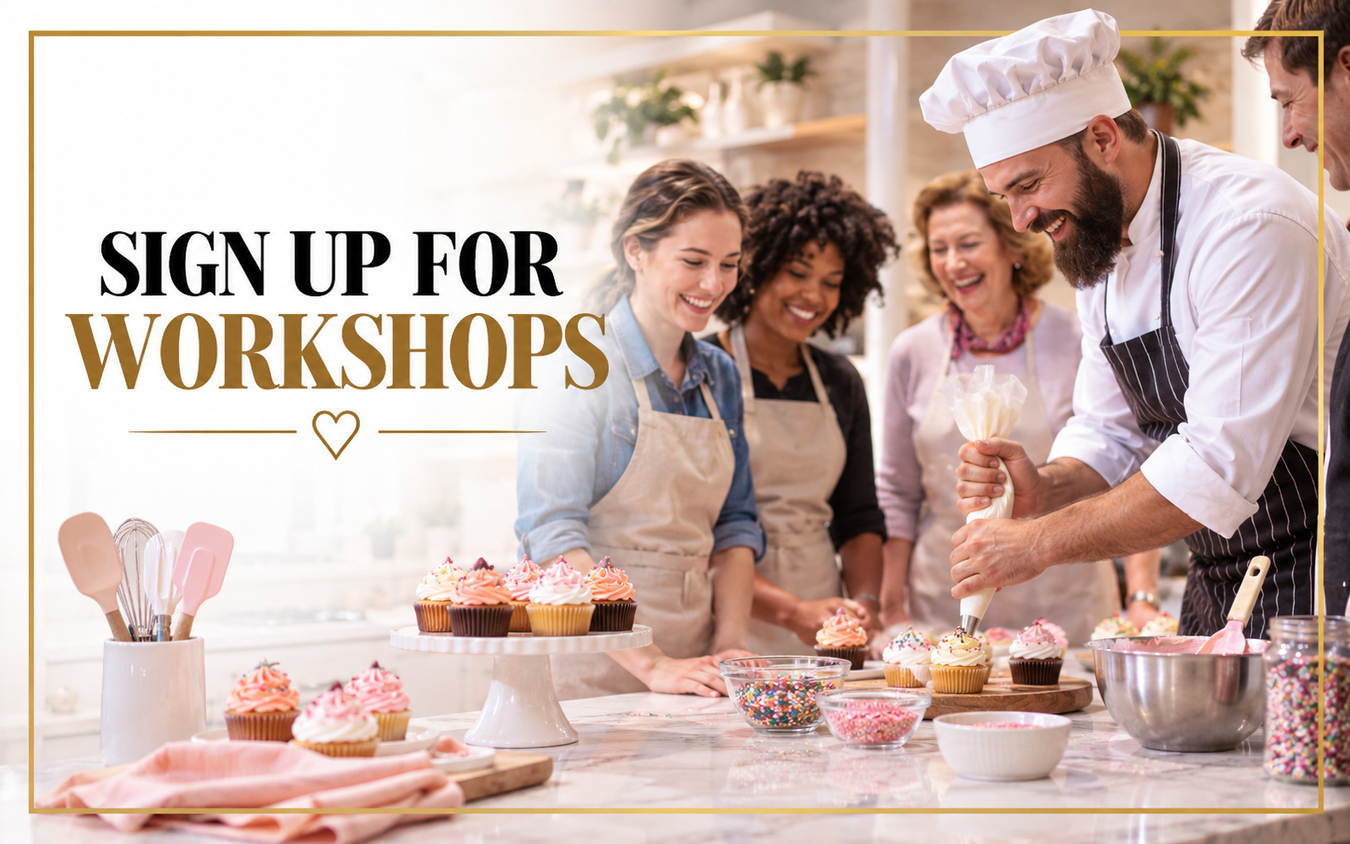 Baking workshop with an instructor teaching participants how to decorate cupcakes using piping bags, sprinkles, and baking tools.