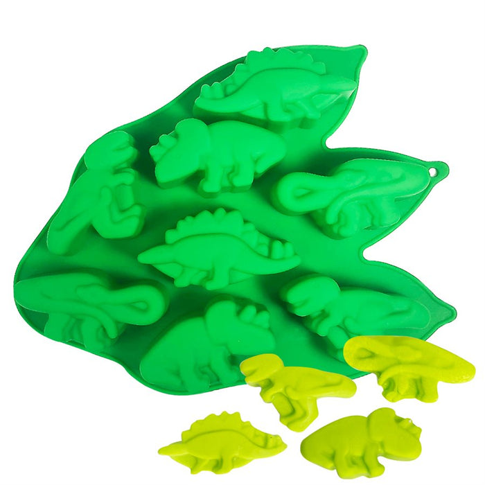 Green dinosaur silicone mold with 8 novelty dinosaur cavities for chocolate, candy, fondant, mousse, and themed baking projects by NY Cake®