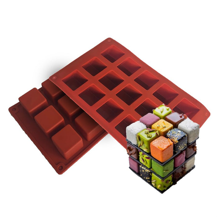 Red mini square silicone baking mold for mousse cakes, chocolates, brownies, frozen desserts, candy making, and pastry creations.