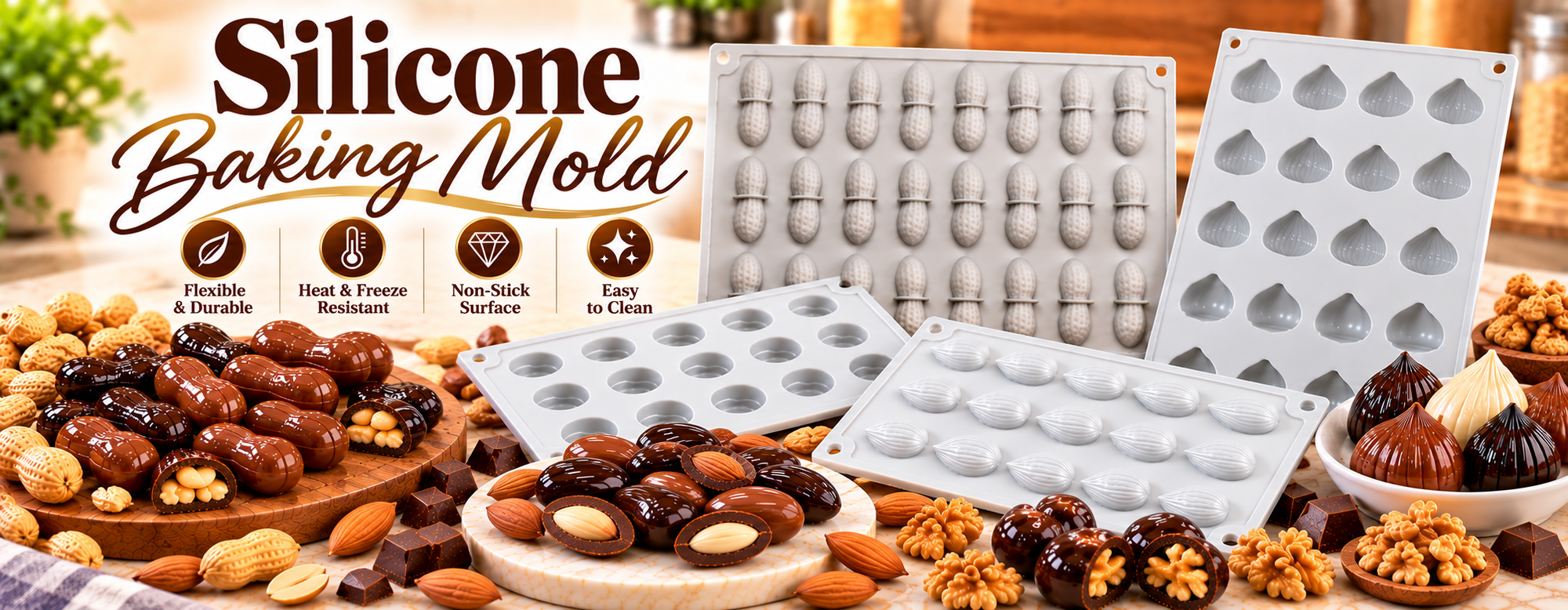 Silicone baking molds featuring peanut, almond, walnut, and textured nut shapes displayed with finished milk, dark, and white chocolate candies.