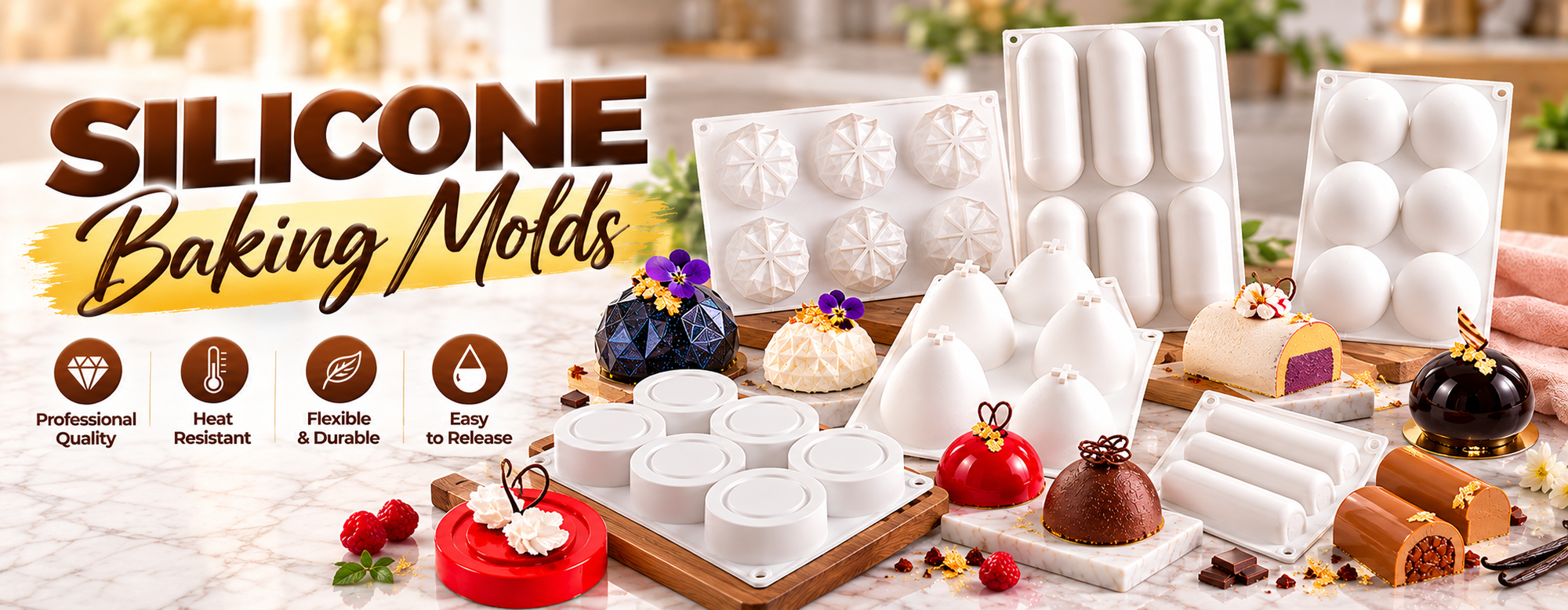 Silicone baking molds in assorted shapes displayed with finished mousse cakes, glazed pastries, chocolate desserts, and geometric creations.
